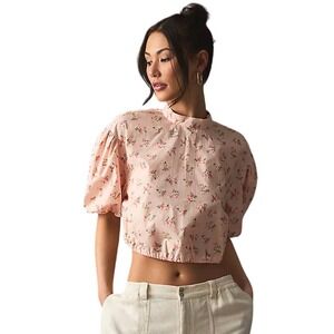 Anthropologie Top Womens XXS Pink Cropped Bubble Sleeve Floral Back Tie Cut Out